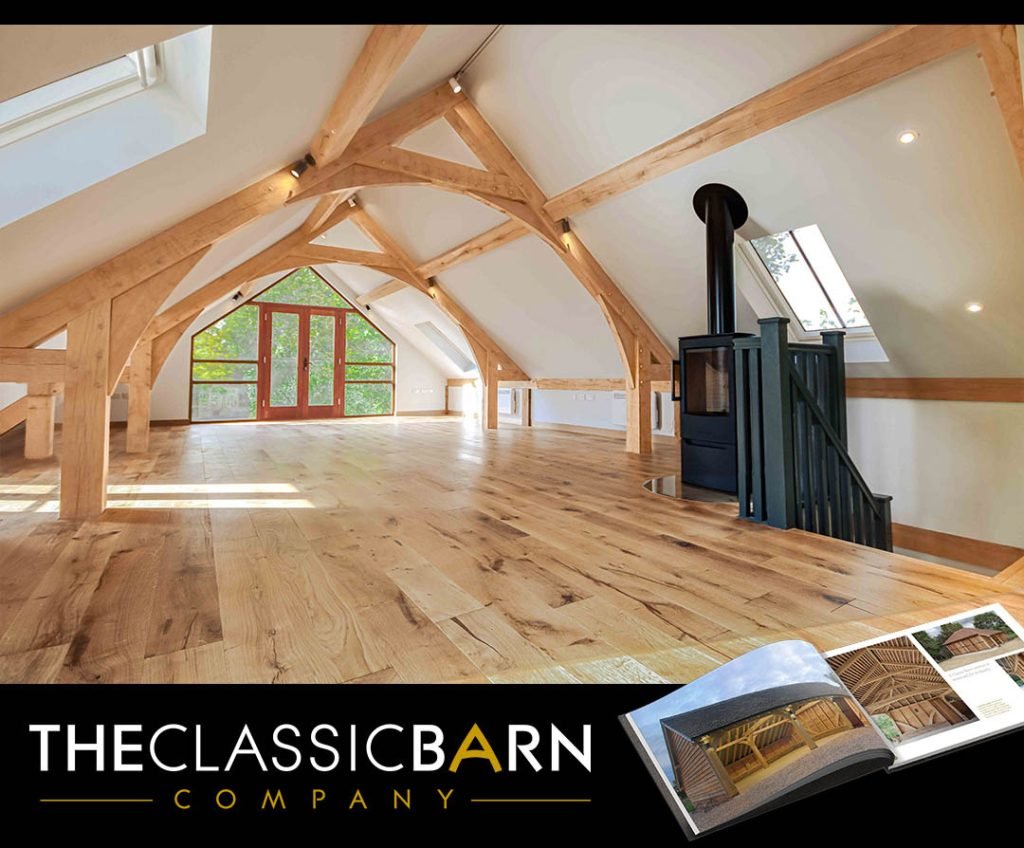 Oak beams inside a room above garage with glass gable end balcony